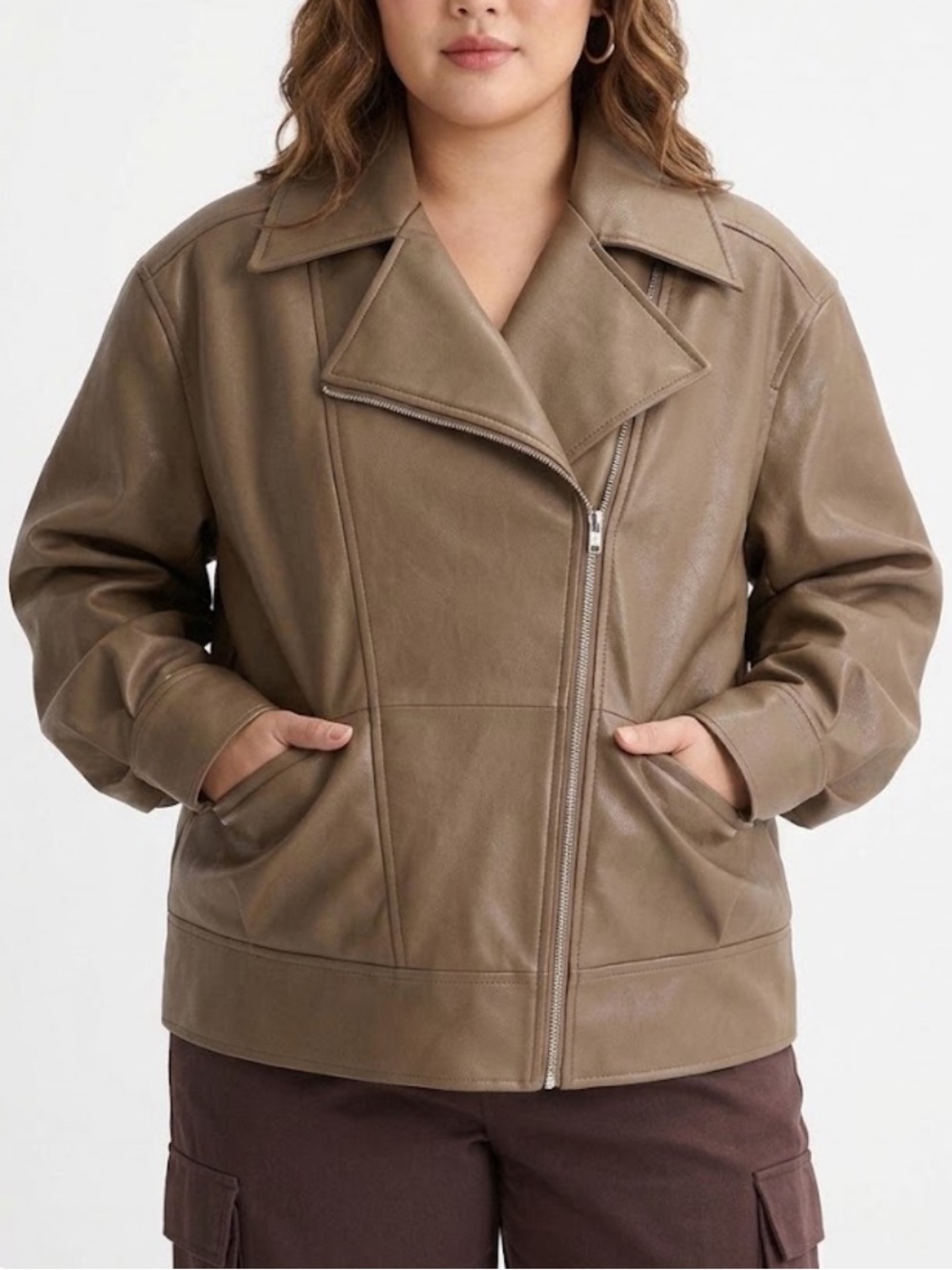 Ashley Graham plus size faux leather light brown motorcycle jacket